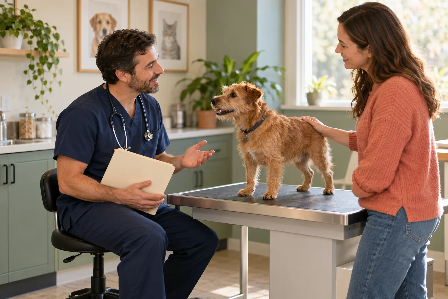 Veterinary professional discussing documents with an owner beside a dog