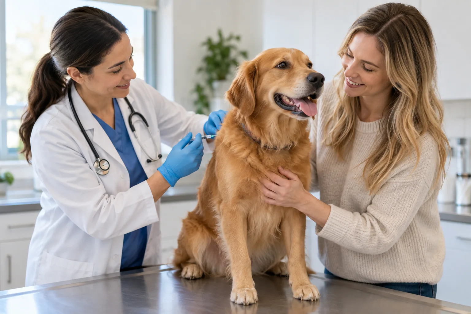 Veterinary professional attending to a dog with its owner present